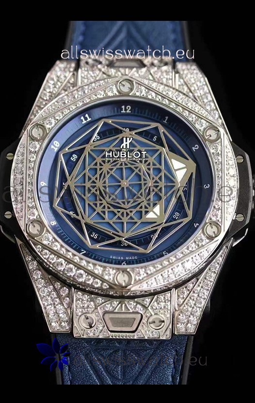 Hublot Big Bang Sang Bleu 45MM Stainless Steel Diamonds Edition Swiss Replica Watch