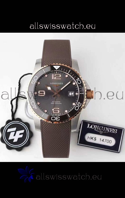 Longines HydroConquest 1:1 Swiss Replica Watch in Grey Dial Rubber Strap Rose Gold Bezel