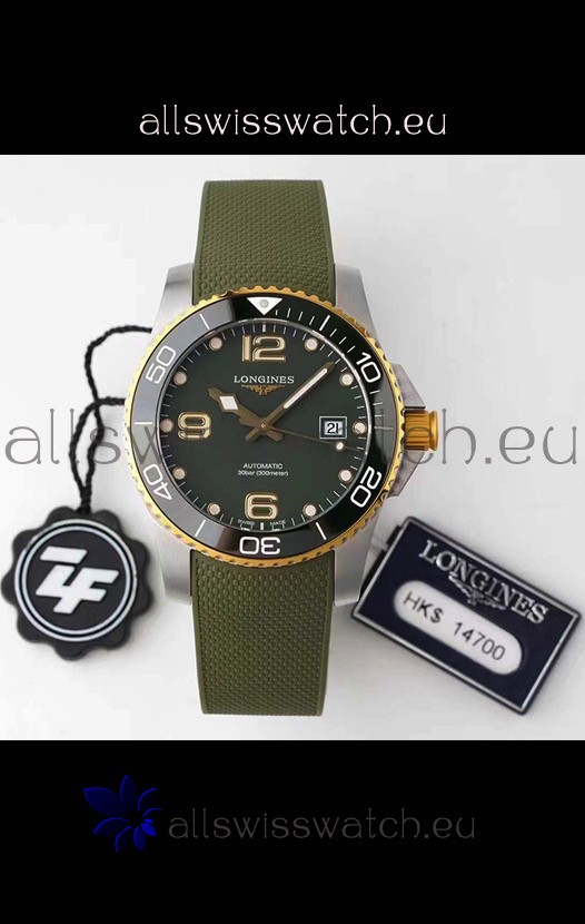 Longines HydroConquest 1:1 Swiss Replica Watch in Grey Dial Rubber Strap Yellow Gold Bezel