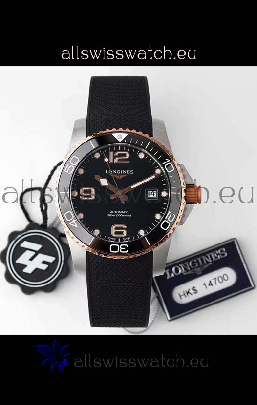 Longines HydroConquest 1:1 Swiss Replica Watch in Black Dial Rubber Strap Rose Gold Bezel
