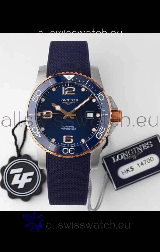 Longines HydroConquest 1:1 Swiss Replica Watch in Blue Dial Rubber Strap Rose Gold Bezel