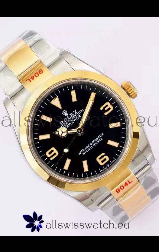 Rolex Explorer I Black Dial - Yellow Gold on Steel in 3235 Swiss Automatic Movement