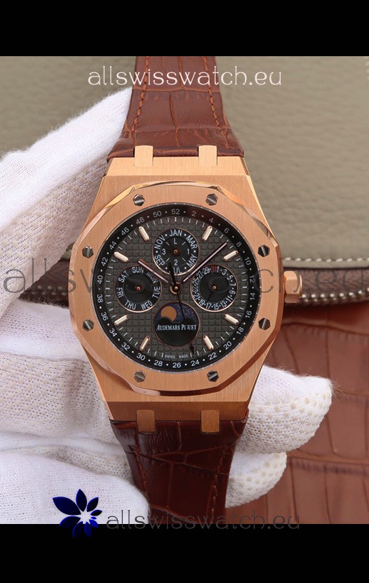 Audemars Piguet Royal Oak Perpetual Calendar Swiss Replica Rose Gold Casing Watch in Grey Dial