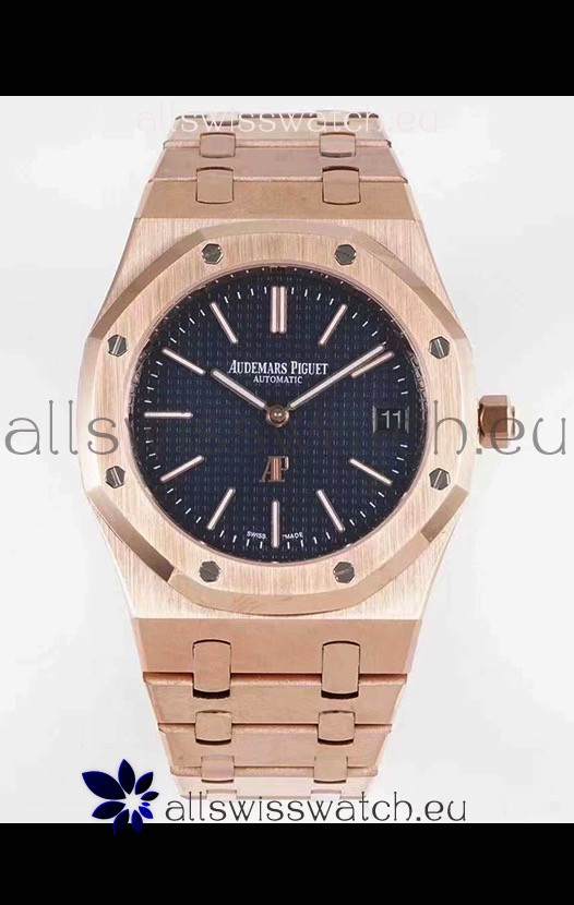 Audemars Piguet Royal Jumbo Oak Extra Thin Swiss Replica Rose Gold - 1:1 Mirror Replica Watch Blue Dial