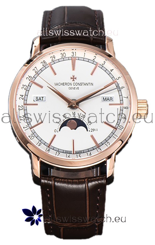 Vacheron Constantin Traditionelle Complete Calendar Rose Gold Plating White Dial Swiss Replica