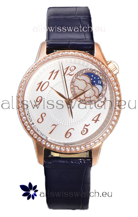 Vacheron Constantin Egerie Muse Moonphase Rose Gold Casing in White Dial Swiss Replica
