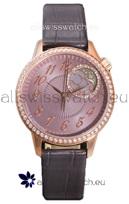 Vacheron Constantin Egerie Muse Moonphase Rose Gold Casing in Brown Dial Swiss Replica
