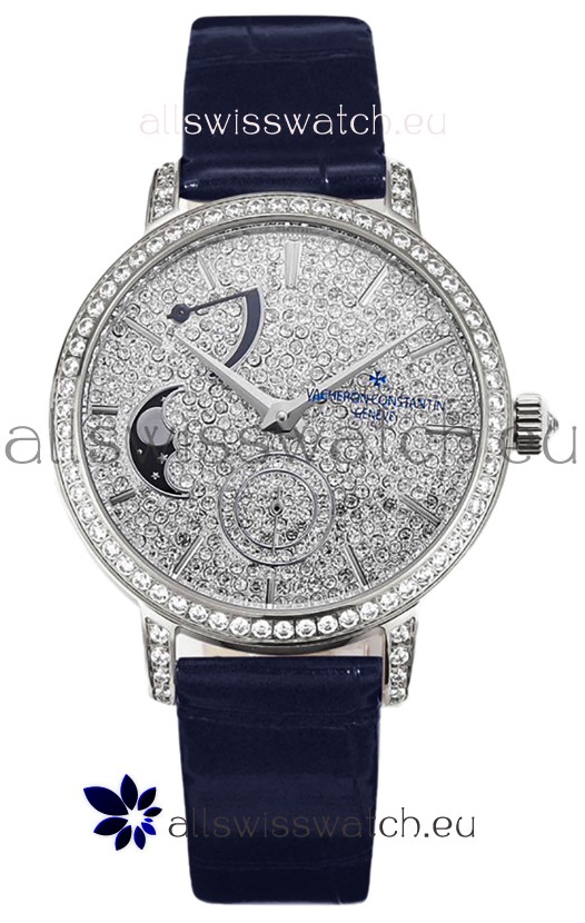 Vacheron Constantin Traditionelle Moon Phase Diamond Paved Dial in White Gold Swiss Replica