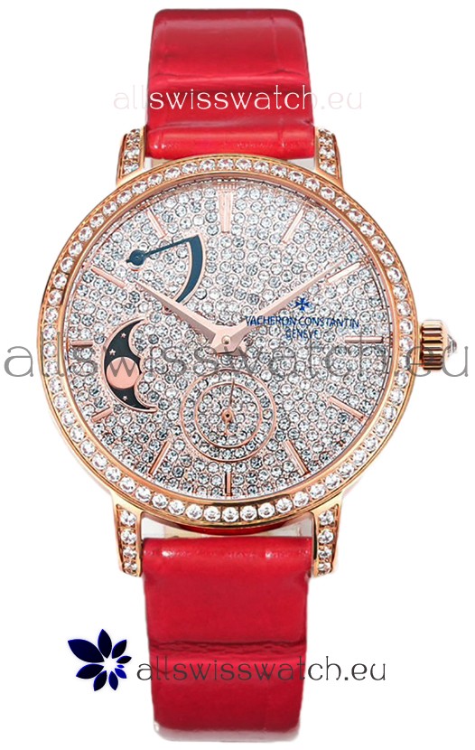 Vacheron Constantin Traditionelle Moon Phase Diamond Paved Dial in Rose Gold Swiss Replica