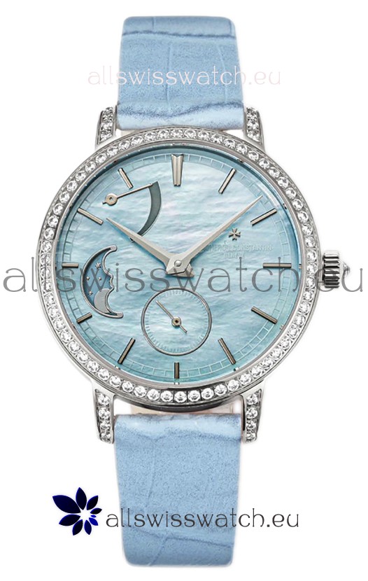 Vacheron Constantin Traditionelle Moon Phase Blue Mother of Pearl Dial in Steel Case Swiss Replica