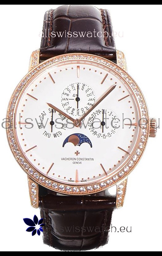 Vacheron Constantin Patrimony Perpetual Calendar Ultra-Thin Rose Gold White Dial Swiss Replica