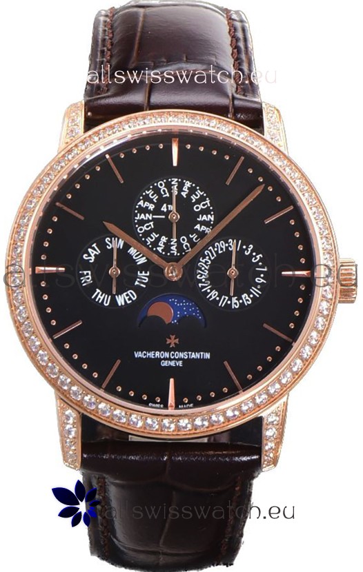 Vacheron Constantin Patrimony Perpetual Calendar Ultra-Thin Rose Gold Black Dial Swiss Replica