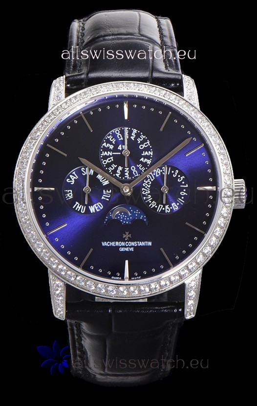 Vacheron Constantin Patrimony Perpetual Calendar Ultra-Thin White Gold Blue Dial Swiss Replica