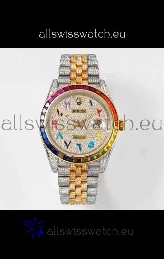 Rolex Datejust Full ICED Out Arabic Numerals Watch in 41MM Casing - 3135 Movement Yellow Gold