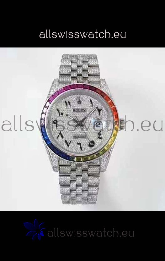 Rolex Datejust Full ICED Out Arabic Numerals Watch in 41MM Casing - 3135 Movement Stainless Steel