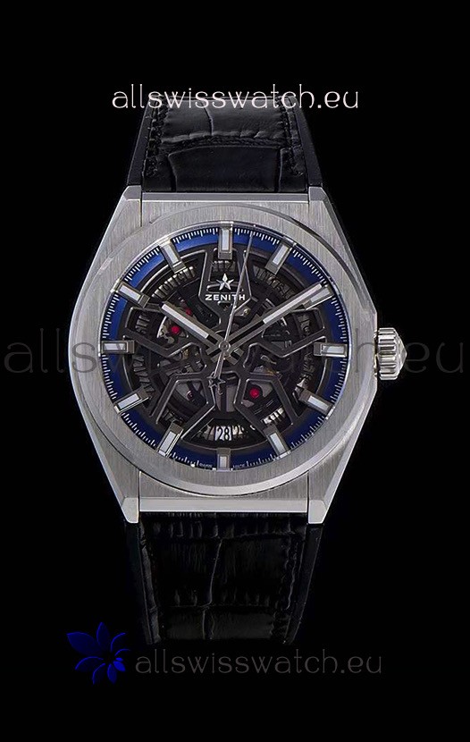 Zenith Defy Classic Skeleton 41 mm Titanium Men's Swiss Replica Watch - Black Leather Strap