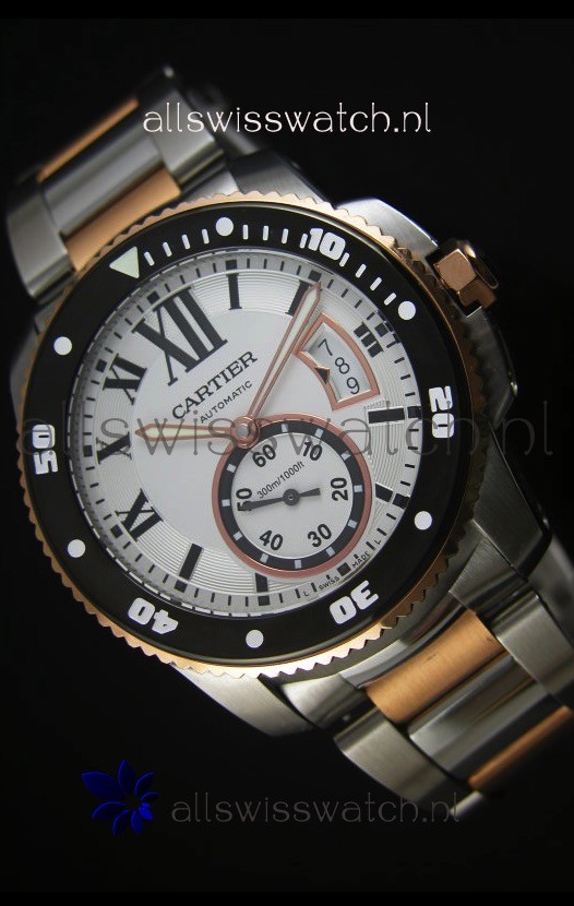 Calibre De Cartier Watch 42MM Black Dial Two Tone Case White Dial - 1:1 Mirror Replica Watch