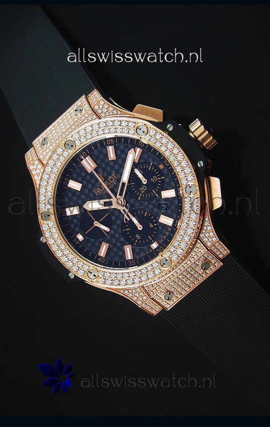 Hublot Big Bang Carbon Dial Diamonds Studded Rose Gold Swiss Watch 