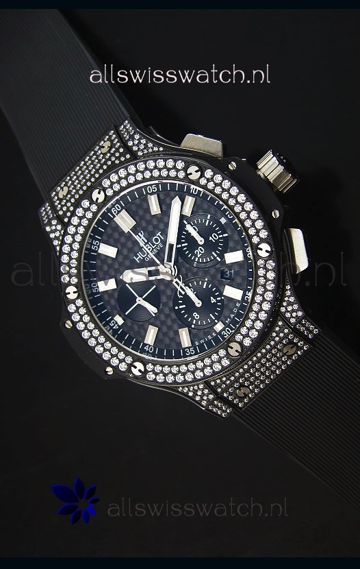 Hublot Big Bang Carbon Dial Diamonds Studded PVD Case Swiss Watch 