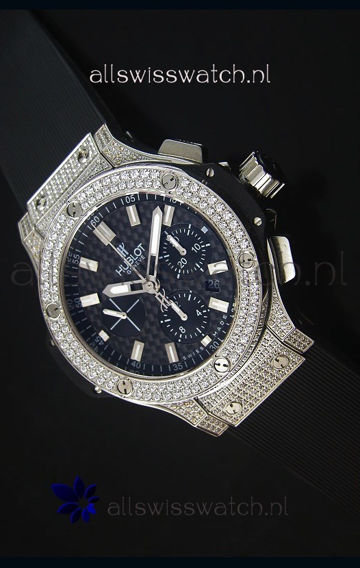 Hublot Big Bang Carbon Dial Diamonds Studded Stainless Steel Swiss Watch 