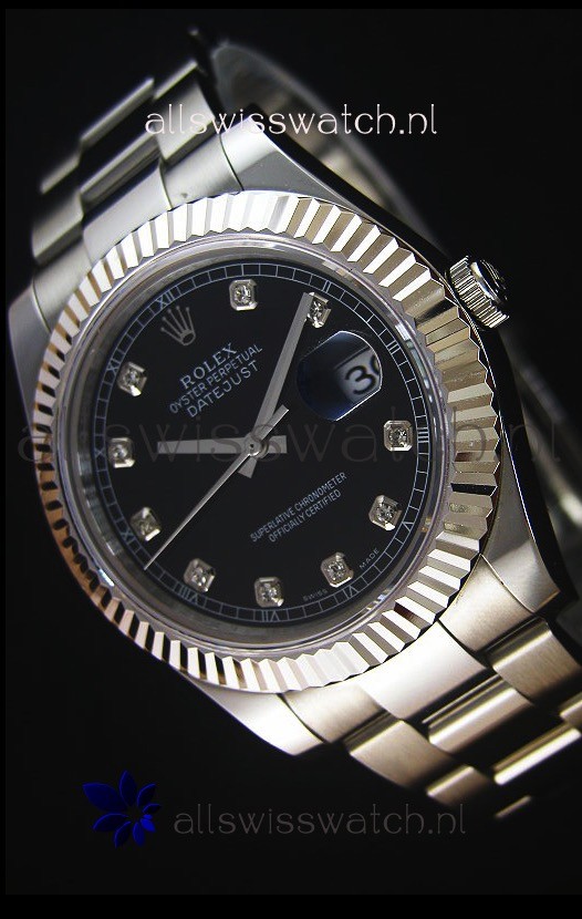 Rolex Datejust II 41MM with Cal.3136 Movement Swiss Replica Watch in Black Dial Diamonds Markers