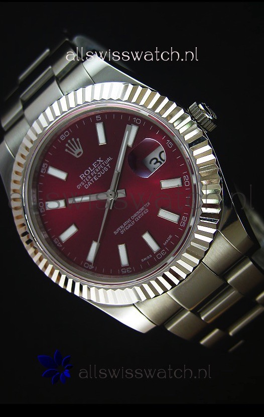 Rolex Datejust II 41MM with Cal.3136 Movement Swiss Replica Watch in Deep Red Dial Stick Markers 