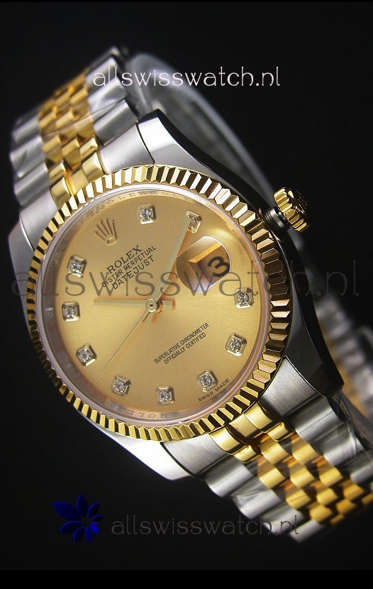 Rolex Datejust Replica Watch Gold with Diamonds Dial in 36MM with 3135 Swiss Movement 