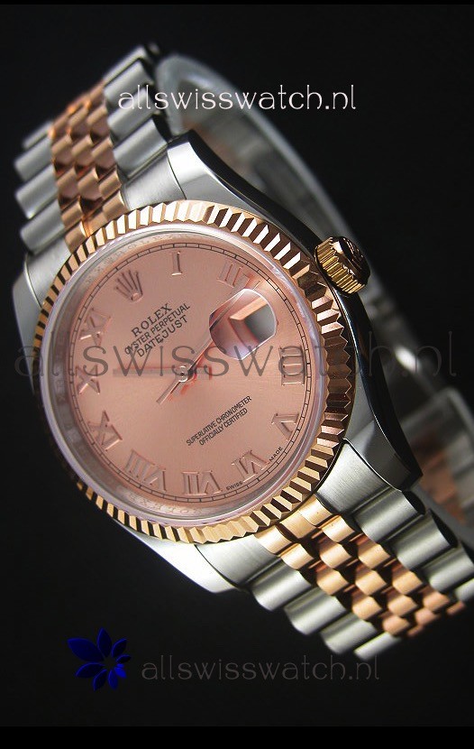 Rolex Datejust Replica Watch Rose Gold with Roman Dial in 36MM with 3135 Swiss Movement 