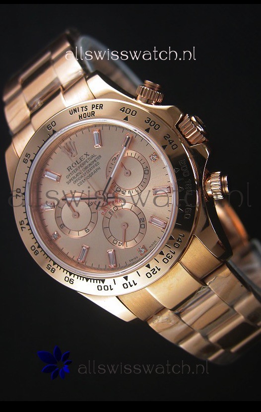 Rolex Daytona Rose Gold Casing with Baguette Diamonds Markers Swiss Replica Watch
