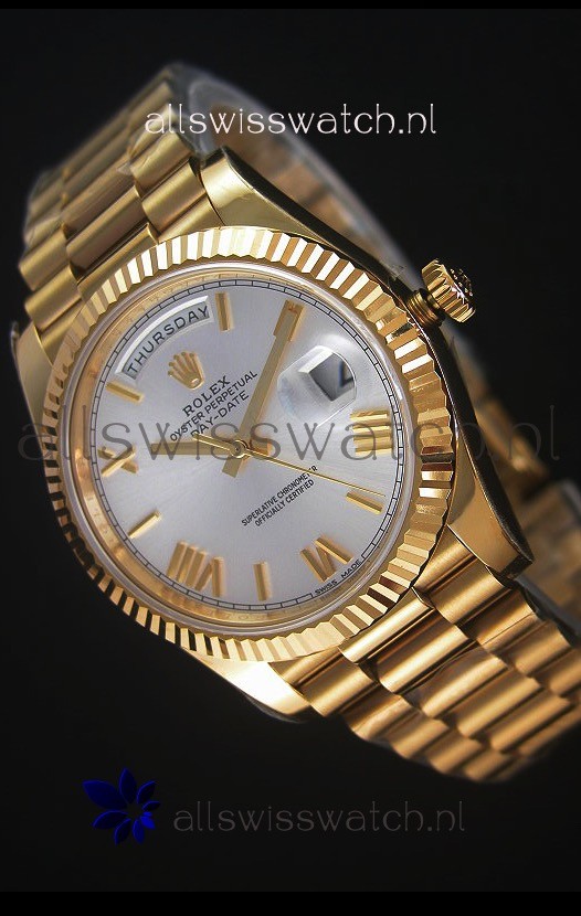Rolex Day-Date 40MM Replica Watch in Silver dial with Roman Hour Numerals Cal.3255 Swiss Movement
