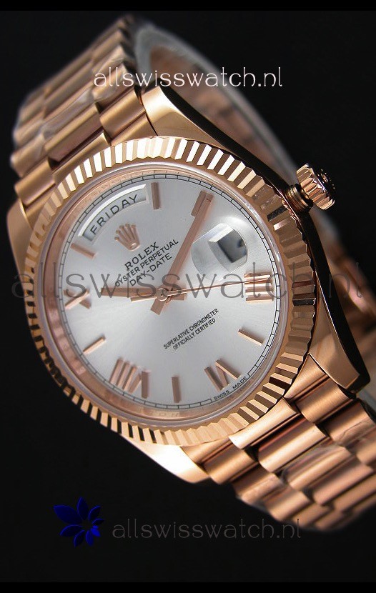 Rolex Day-Date 40MM Rose Gold in Silver Dial Roman Numerals Swiss Watch