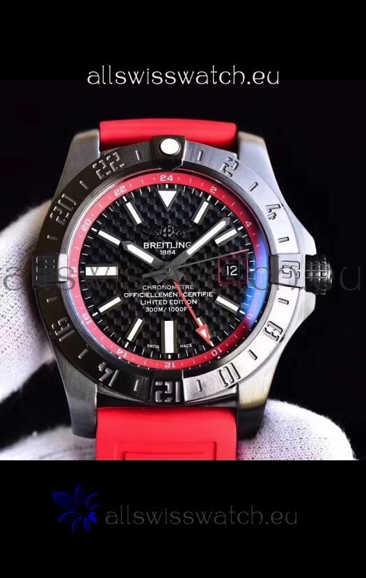 Breitling Chronometre GMT Carbon Dial Swiss Watch with Rubber Strap 1:1 Mirror Replica