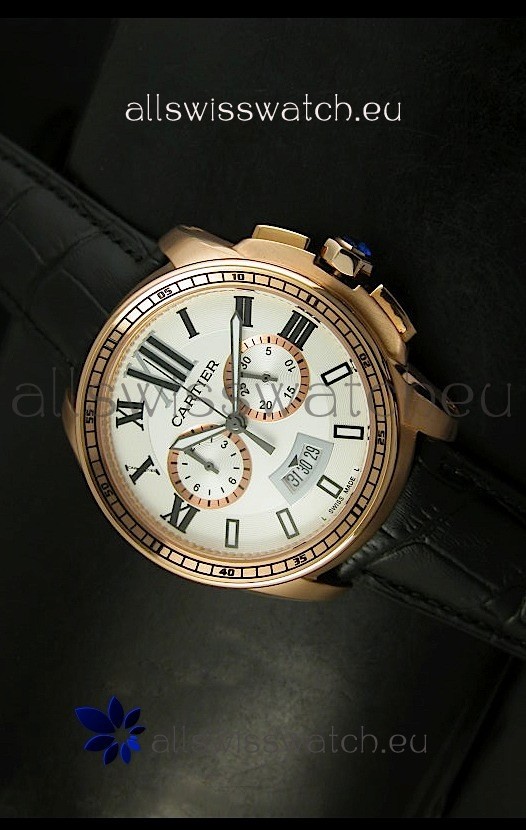 Calibre De Cartier Chronograph Japanese Replica Watch in Pink Gold