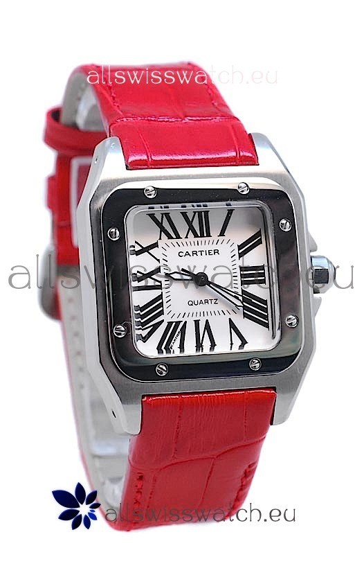 Cartier Santos 100 Japanese Ladies Replica Watch in Red Strap