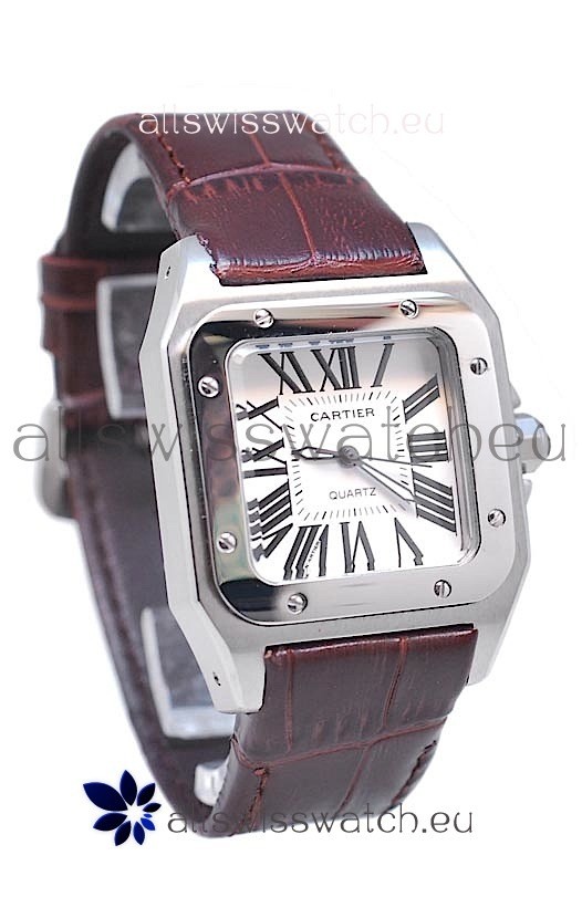 Cartier Santos 100 Japanese Ladies Replica Watch in Brown Strap