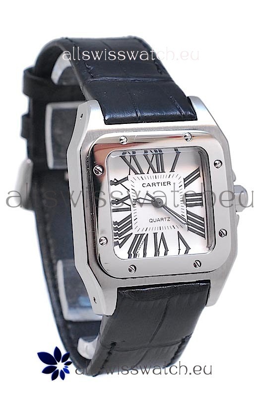 Cartier Santos 100 Japanese Ladies Replica Watch in Black Leather Strap