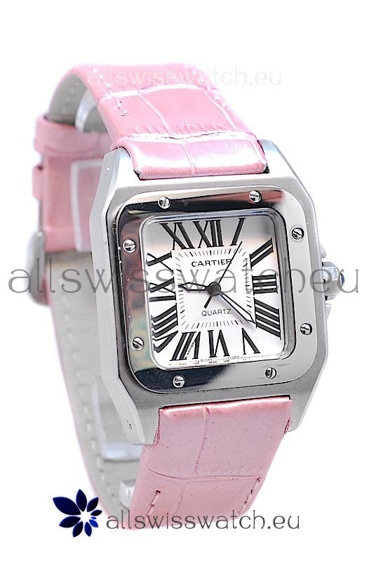 Cartier Santos 100 Japanese Ladies Replica Watch in Pink Leather Strap