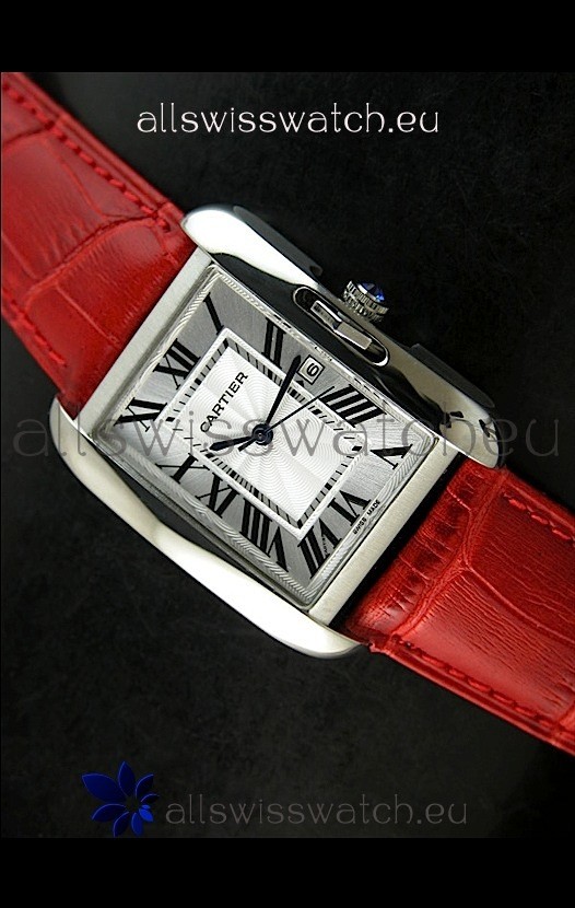 Cartier Tank Ladies Replica Watch in Steel Case/Red Strap