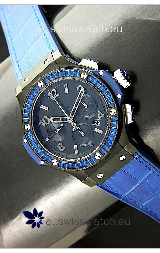 Hublot Big Bang All Black Edition in Purple Strap and Baguette Diamonds Bezel