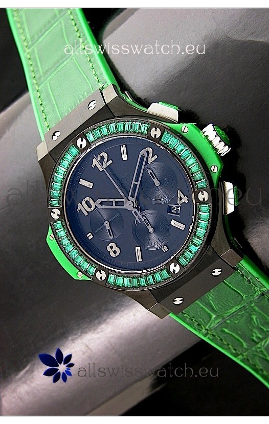Hublot Big Bang All Black Edition in Green Strap and Baguette Diamonds Bezel
