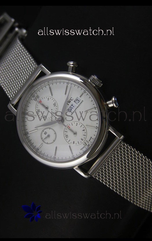 IWC Portofino Chronograph Swiss Watch in Mesh Strap White Dial 