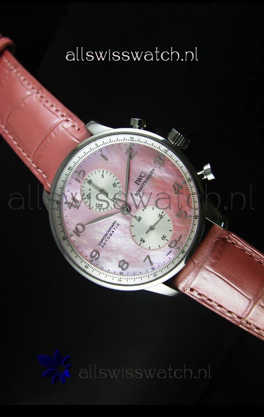 IWC Portuguese Chronograph Swiss Replica Watch in Pink Pearl Dial - 1:1 Mirror Replica Edition