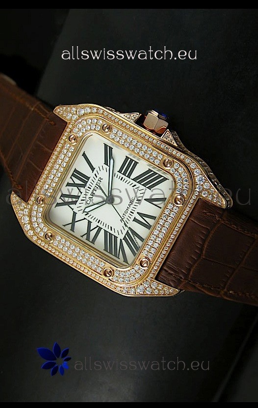 Cartier Santos 100 1:1 Mirror Replica Rose Gold Diamonds Watch 42MM