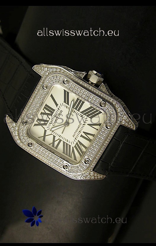 Cartier Santos 100 1:1 Mirror Replica Steel Diamonds Watch Mens Size 42MM