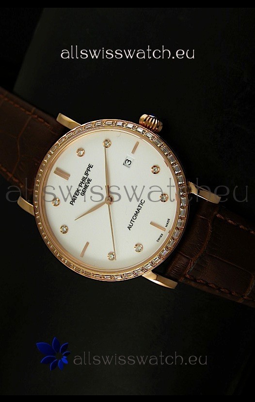 Patek Philippe Calatrava 5298 Swiss Replica Watch in Pink Gold Casing - Diamonds Hours