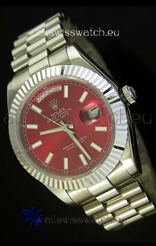 Rolex Day Date II 41MM Swiss Replica Watch - Red Dial - 1:1 Mirror Replica Watch 