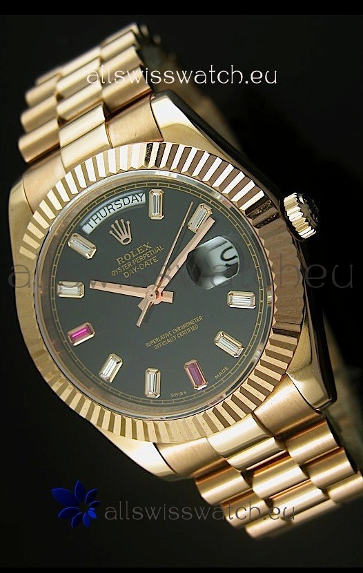 Rolex Day Date II 41MM Swiss Replica Watch - Black Dial - 1:1 Mirror Replica Watch 