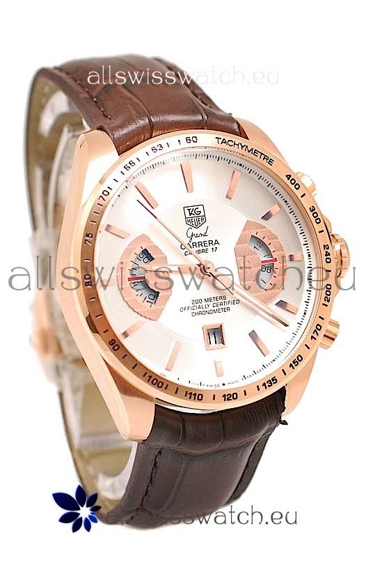 Tag Heuer Grand Carrera Japanese Replica Gold Watch in White Dial