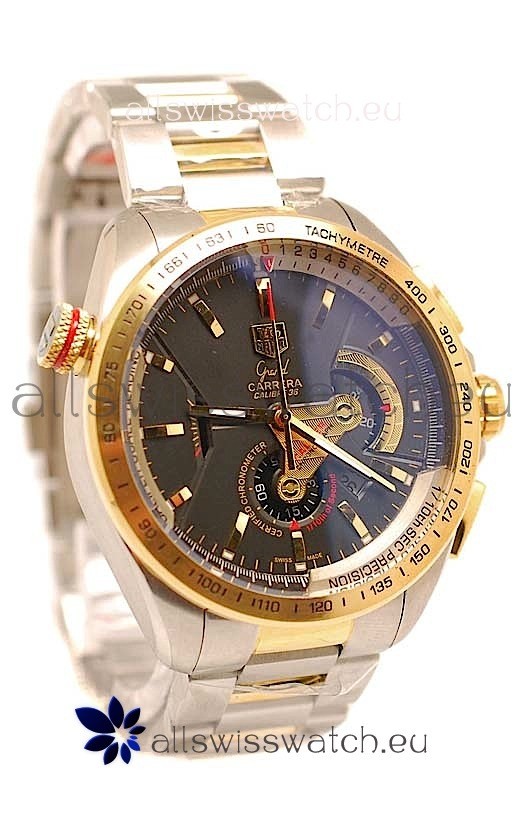 Tag Heuer Grand Carrera Calibre 36 Japanese Replica Two Tone Gold Watch in Black Dial