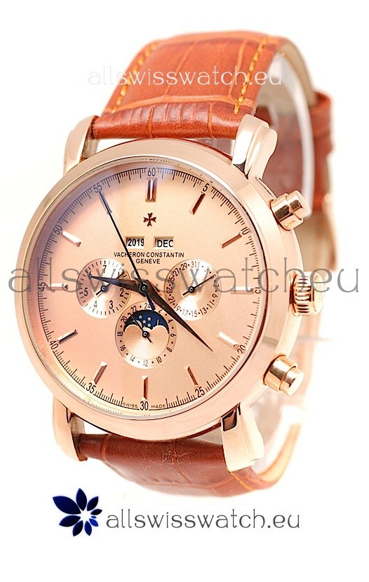 Vacheron Constantin Malte Perpetual Chronograph Japanese Replica Watch in Brown Strap